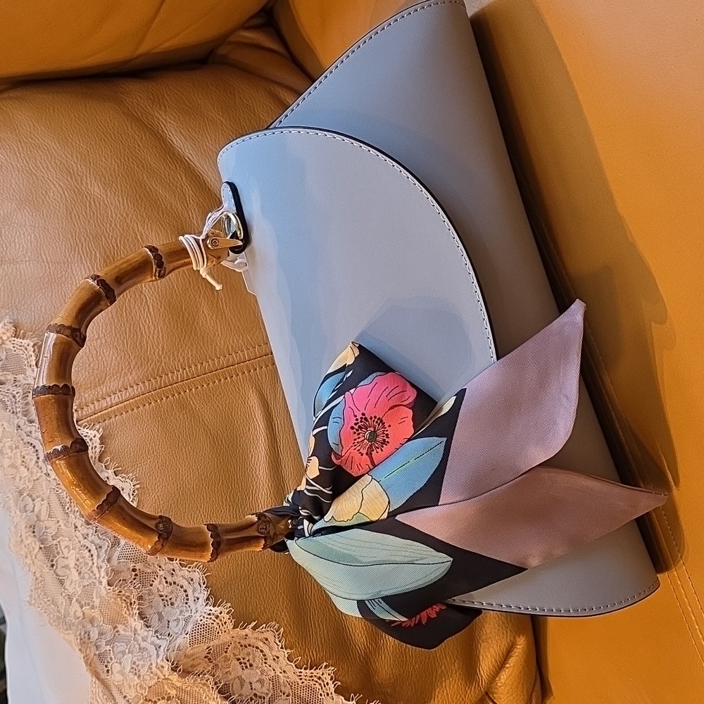 Chic Light Blue Leather Satchel with Bamboo Handle
